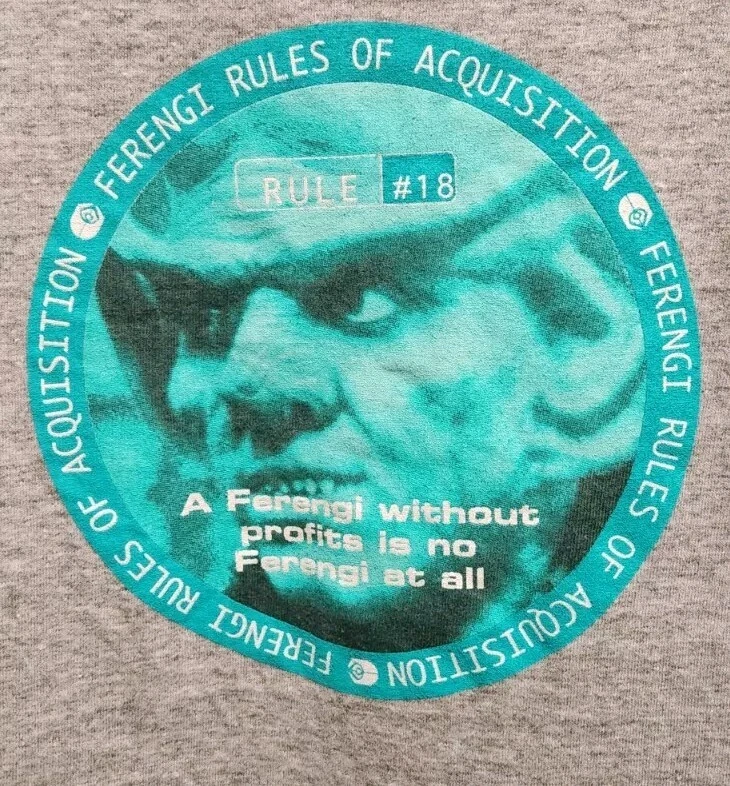 Camiseta masculina vintage anos 90 Star Trek Quark Ferengi Rule 18 grande espaço profundo nove cinza - Imagem 4 de 4