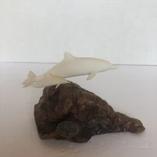 Vintage John Perry Mother Dolphin W/baby On Burl Wood Base 4”x5”