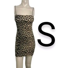 Brown Leopard Animal Print Soft Suede Cami Bungee Straps Bodycon Dress Size S