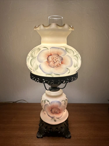 Vintage GWTW Parlor Hurricane Lamp 3 Way Light Milk Glass Hand Painted Floral