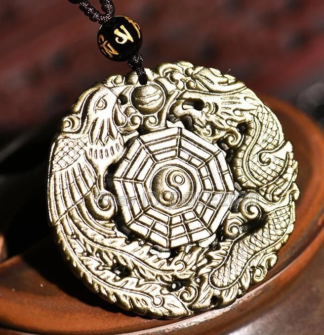 Natural Gold Obsidian Carved Dragon Phoenix BaGua Lucky Amulet