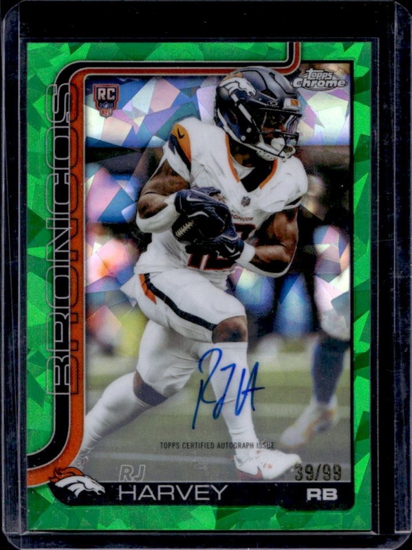 2025 Topps Chrome Sapphire RJ Harvey Rookie Auto RC Green Refractor #/99 Broncos