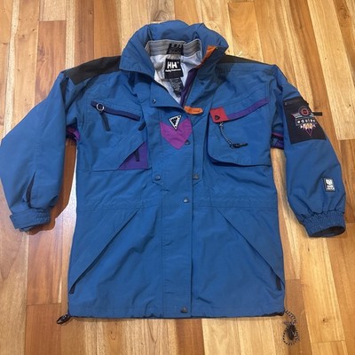 VTG 90s Helly Hansen Equipe Ski Jacket Blue Mens Medium Hidden Hood Waterproof