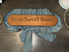 Wood  Fabric "Home Sweet Home" Hanging Sign Blue Bow Country Rectangle 17in