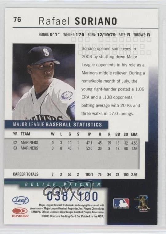 2004 Leaf Press Proof Blue /100 Rafael Soriano #76 - Image 2 of 2