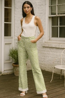 Y2K Green Wave Pants Psychedelic Straight Leg Jeans S/M Optical Illusion Festiva