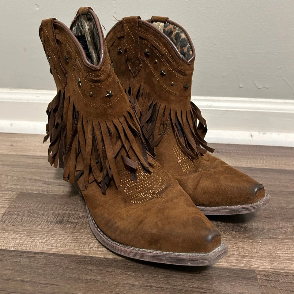 Botas para mujer Dan Post Dingo 7,5 M marrón imitación gamuza flecos tachonadas vaquero occidental Foto 4 de 4