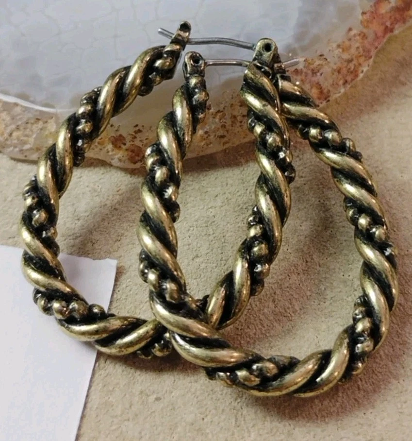 PREMIER DESIGNS Twisted Oval Hoop Earrings Bronze/Black Rope Gold Tone, 1 3/8"! - Image 2 of 4