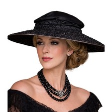 VTG Edwardian Mourning Hat Black Silk Sequin Straw Wide Brim Gothic Drama