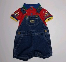 Osh Kosh B'Gosh Vintage Baby Demin Overall Shorts Vestbak Set Polo Shirt Sz 12M
