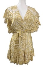 MINKPINK Yellow Ivory Embroidered Boho Style Short Flutter Sleeve Dress Size L