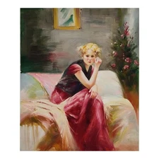 Square Hand Painted Oil on Canvas 50x60 CM Made in Italy Woman Sofa