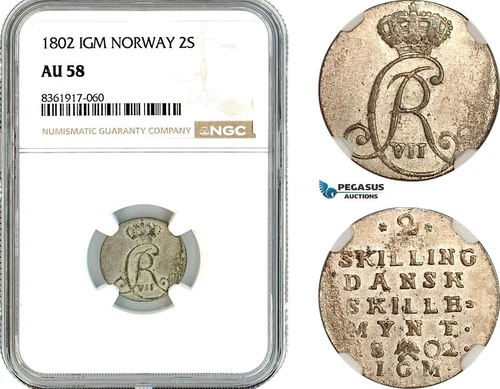AK653, Norway, Christian VII, 2 Skilling 1802 IGM, Kongsberg Mint, NGC AU58