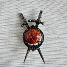 Scottish Celtic Targe & Crossed Dirks Brooch Silvertone Faux Agate Glass Cabocho