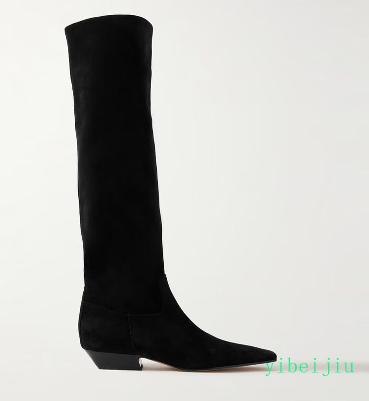 Women's Knee High Square Toe Suede Leather Boots Chunky Heel Slouch Shoes Ladies