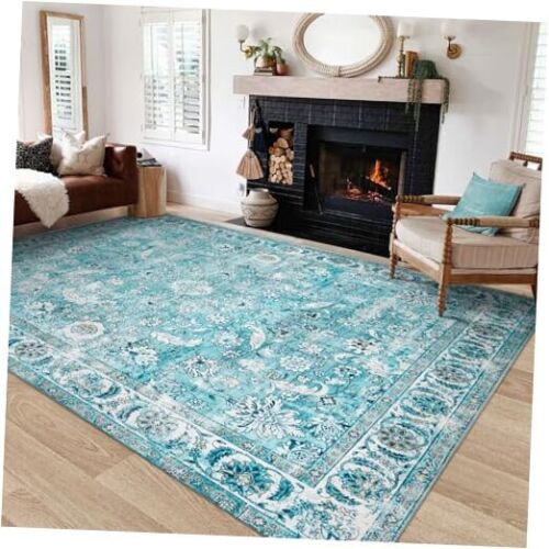 Doria Boho Area Rug, 5'×7' Washable Oriental Rug, Non-Slip 5'x7' Turquoise Blue