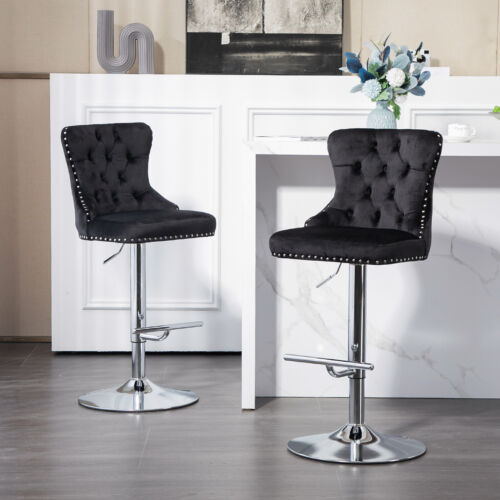 Set of 2 Bar Chairs Modern Pub Stools Height Velvet Upholstered Swivel Barstools - Picture 5 of 15