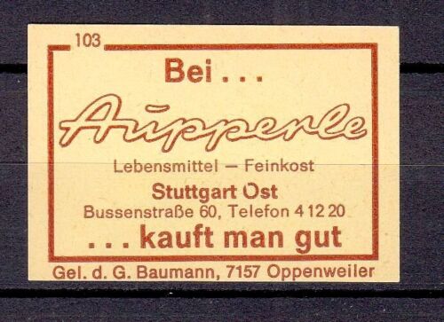 421796/ Etykieta na zapałki – Bei Aupperle – Żywność – 7000 Stuttgart - Zdjęcie 1 z 1