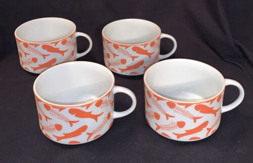 4 Vintage Taste Setter Sigma Orange & White HERRING BONE 16 oz Soup Mugs, Japan - Picture 1 of 7