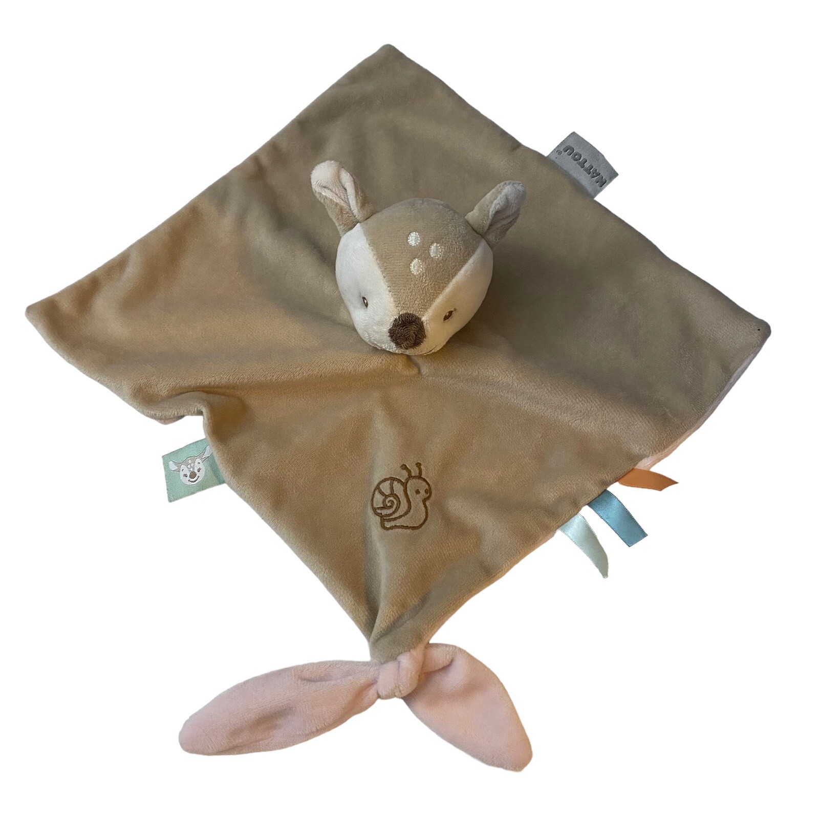 NATTOU tan pink deer fawn Lovey baby blanket knot pacifier holder SNAIL