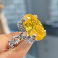 New 18mm Ice Flower Cut Oval Yellow Citrine Gemstone Fashion Women Silver Rings