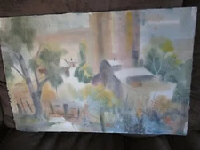 Original Watercolor Painting of Barn Scene with Silos 22.5" x15" 