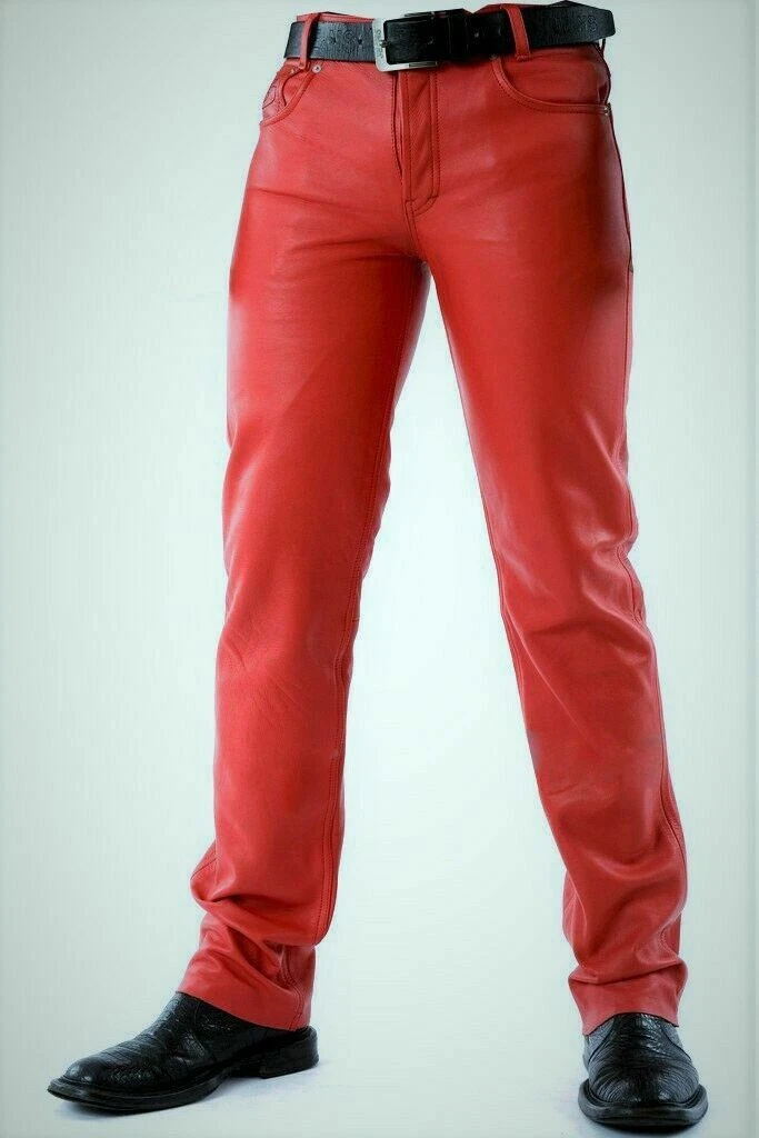 Mens Red Leather Pants jeans Biker style Pant Real leather motorcycle  trouser