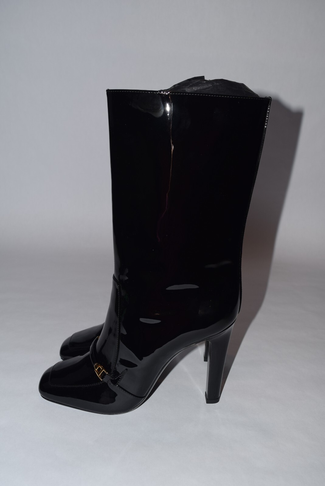 Stivali nuovi con scatola YSL Saint Laurent Camden 105 in pelle verniciata taglia 40 neri a punta di cavallo