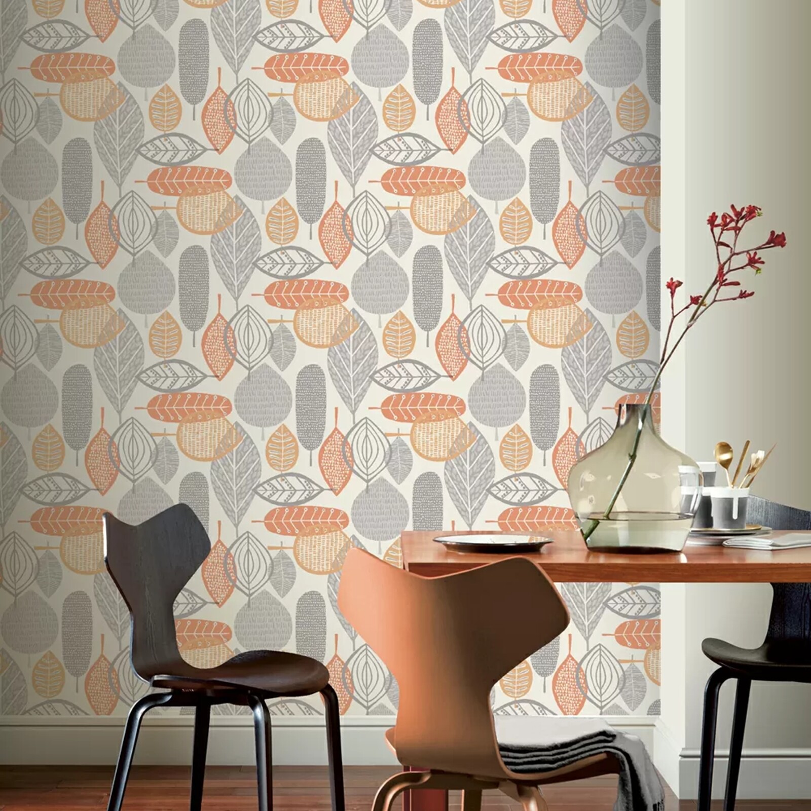 Arthouse Quality Malmo Grey White Orange Teal Leaves Nature Woodland