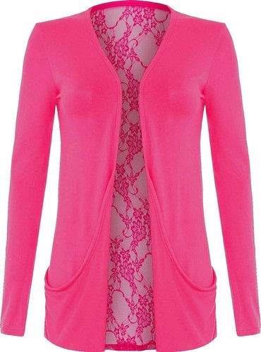 Women Long Sleeve Back Lace Boyfriend Cardigan ladies Open Front Pocket Cardigan - Picture 3 of 13