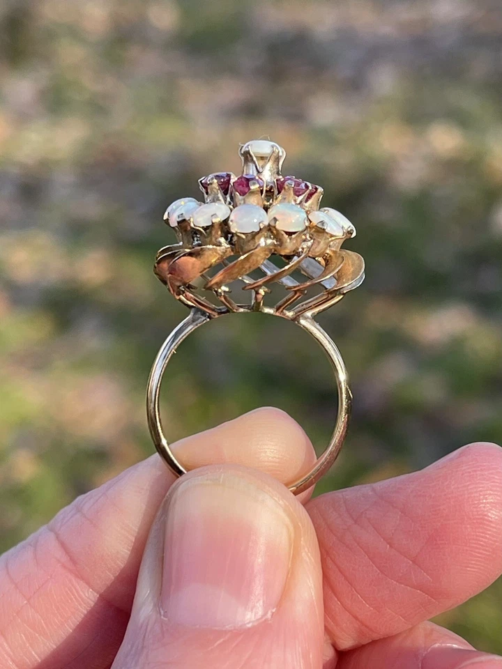 14ct Gold Ruby Opal Large Cluster Old 1960’s Vintage Flower Cocktail Ring BIG - Image 2 of 4