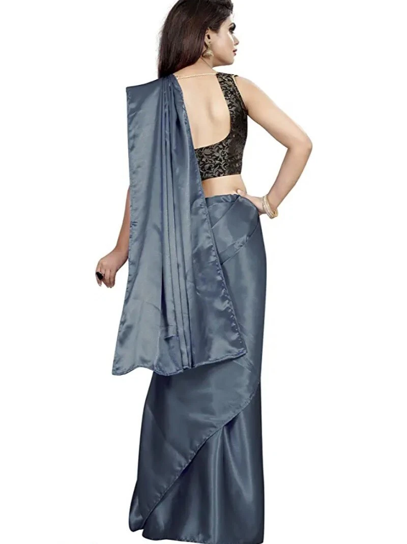 Indian Style Satin Silk Shiny Saree with Brocade Unstiched Blouse