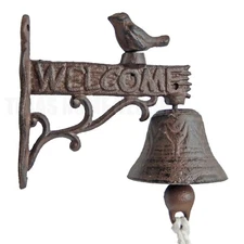 Small Bird Welcome Dinner Bell With Vines Cast Iron Antique Style Rustic Finish 
