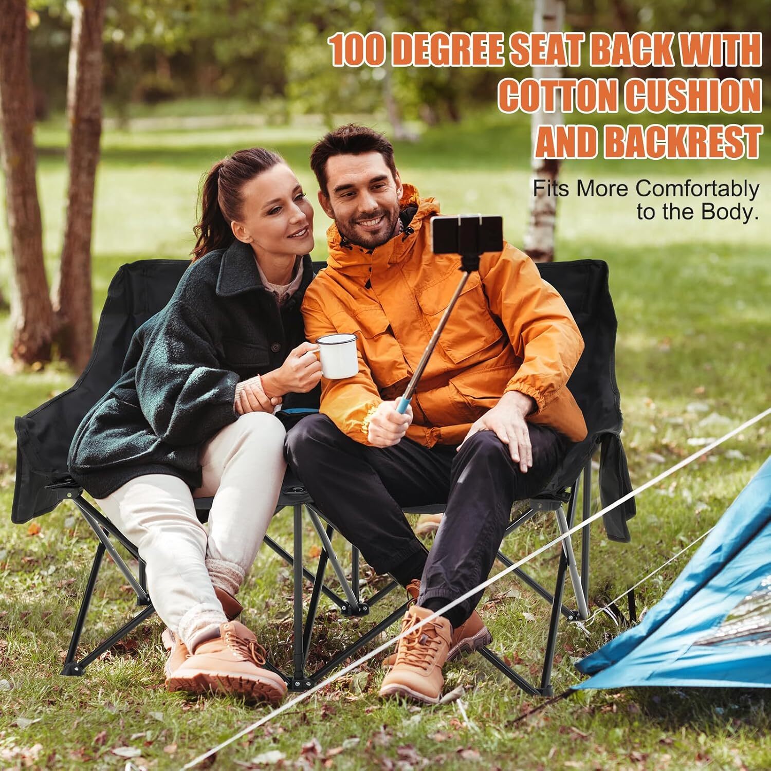 2 Pcs Loveseat Camping Chairs Double Camping Sofa Chair Foldable