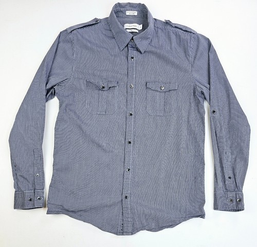 Camicia Calvin Klein Modern Fit Taglia Media Uomo Grigio Navy Righe Maniche Lunghe - Foto 5 di 12