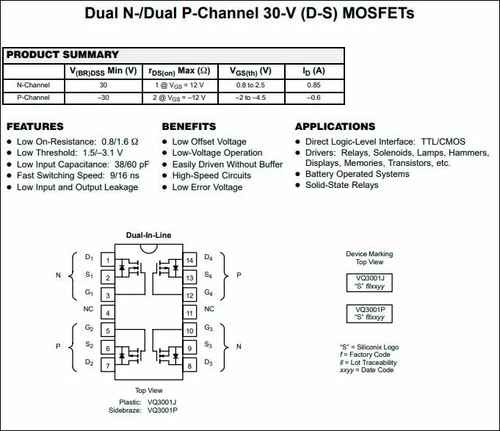 1pcs VQ3001J Dual N-/Dual P-Channel 30-V (D-S) MOSFETs Siliconix IC 14-PDIP