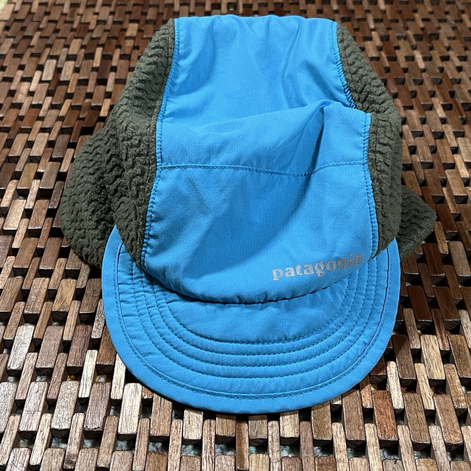 VINTAGE Patagonia Hat Cap Duckbill Sherpa Fleece Synchilla 90s VTG Blue Green