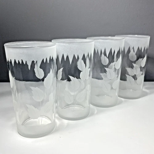 Federal Glass Frosted Leaf 12 oz. Glass Tumblers Vintage Barware Set of 4