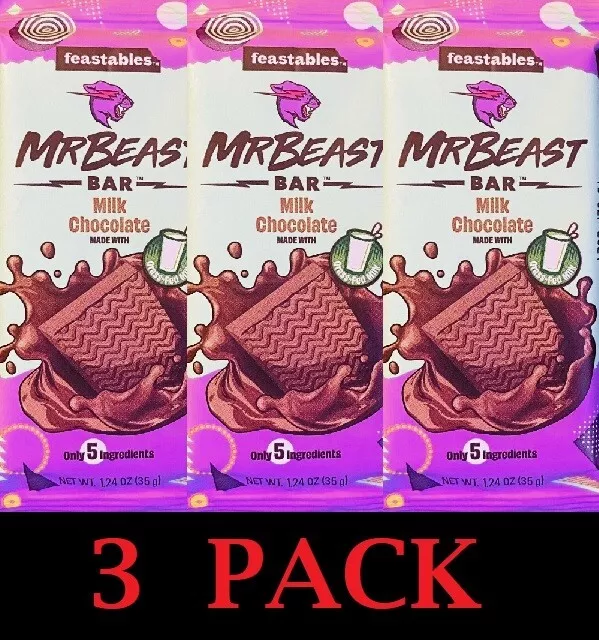 3x Mr Beast Feastables MILK CHOCOLATE Grass Fed Milk Bar 1.24 oz