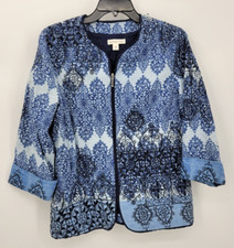 Coldwater Creek Jacket Womens 12 Blue Medallion Print Zip Up Embroidered Linen
