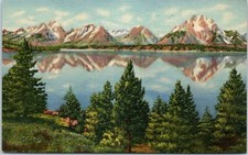 c1940s Postcard Grand Teton National Park Peaks Reflected In Jackson Lake