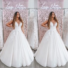 Boho Wedding Dresses Deep V Neck Lace Applique A Line Tulle Bridal Gowns