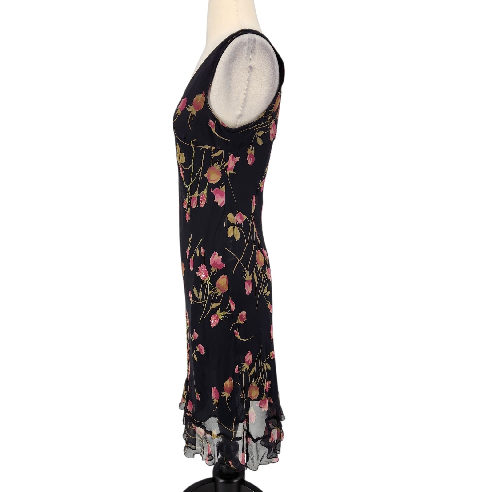 Robbie Bee 90s Silk Dress Set – Black Floral Sheath Dress Matching Sheer Jacket