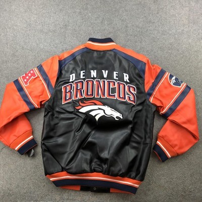 Denver Broncos Jacket Mens Medium Black Orange Varsity Bomber Faux Leather