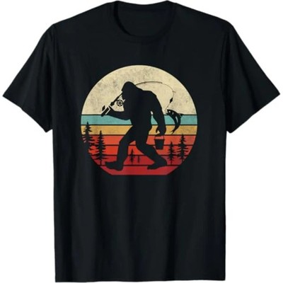 Men's 100% Cotton Summer T Shirts Bigfoot Fishing Funny Retro Sasquatch Tee