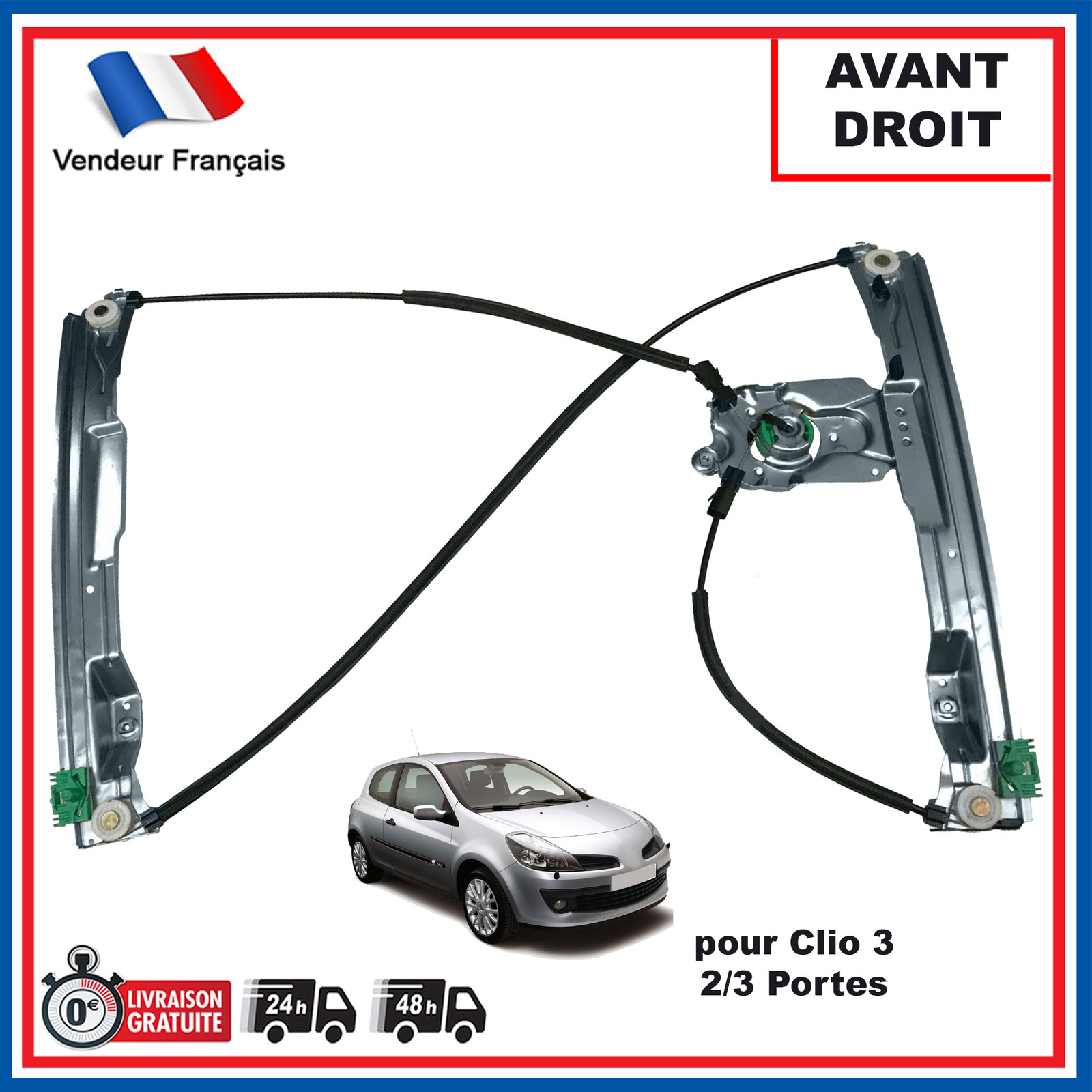 Mécanisme lève-vitre avant droit Renault Clio 3 réparation blocage portière