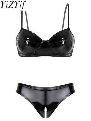 2er Set Wet Look Lack Latex Dessous Set BH Top Leder-Optik