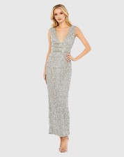 Mac Duggal Silver Beaded Sleeveless Tea Length Sheath Dress