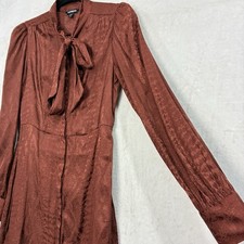 EXPRESS Satin Long Sleeve Snakeskin Print Havana Brown Ruffle Dress Tie Neck S