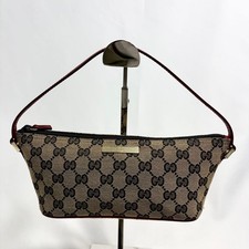 Authentic GUCCI GG Canvas Accessory Pouch Handbag Beige Red Leather Gold Logo